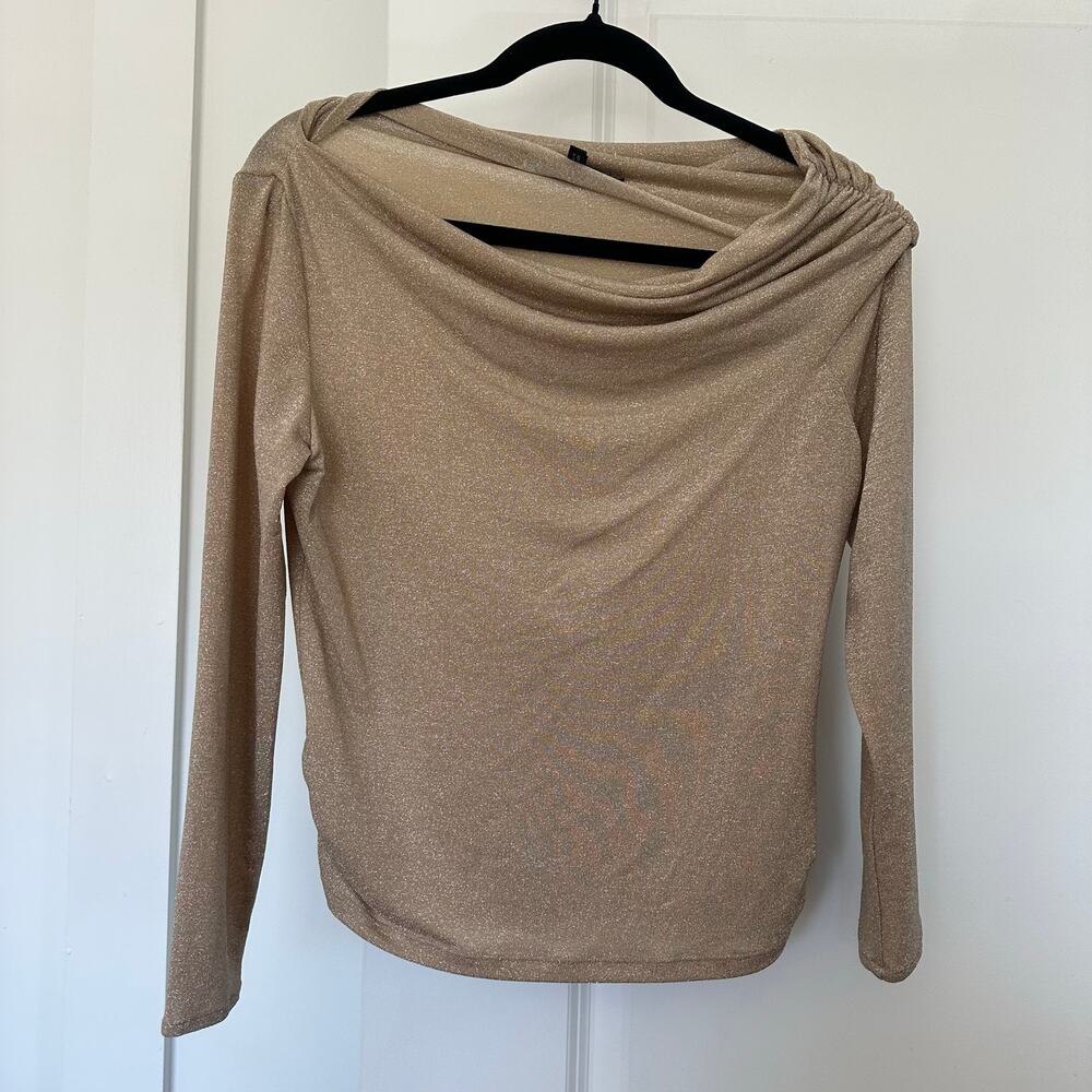 Lafayette 148 New York (L) Gold Shimmer Draped Neck Top Long Sleeve Quiet Luxury